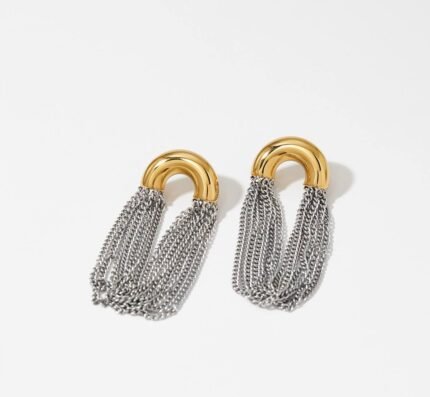 Two-Tone Stainless Steel Chain Tassel Earrings