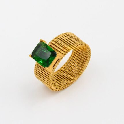 Emerald-Cut Dark Green Crystal Mesh Ring – Gold Tone