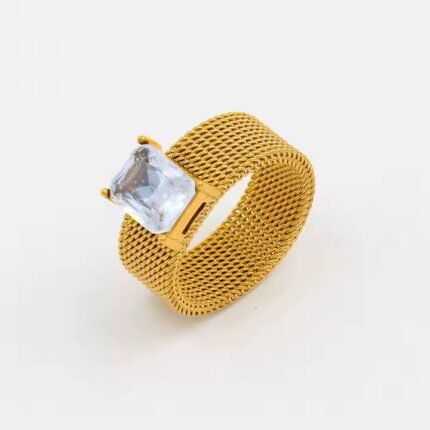 Gold-Tone Mesh Band Ring with Clear Crystal